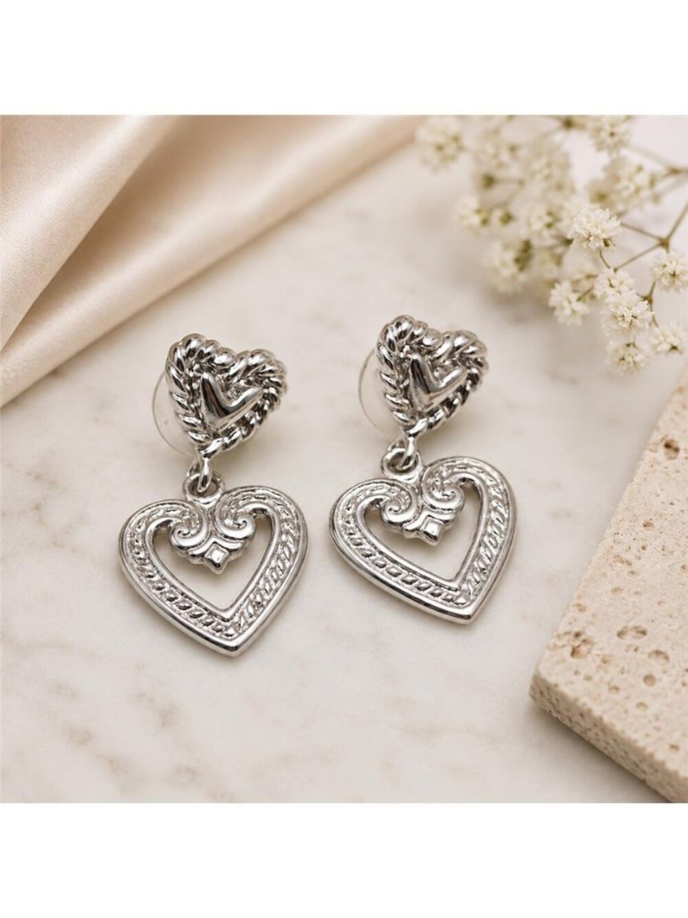 Premier Designs Double Heart Filigree Drop Earrings Silver Tone 2 In Retired